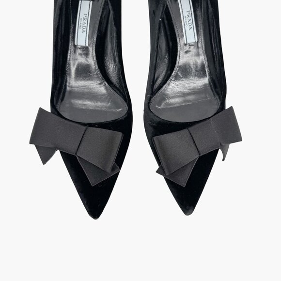 Prada Pointed Toe Bow Kitten Pumps Size 37 US 7 Black Velvet Low Heel Formal - Picture 3 of 14